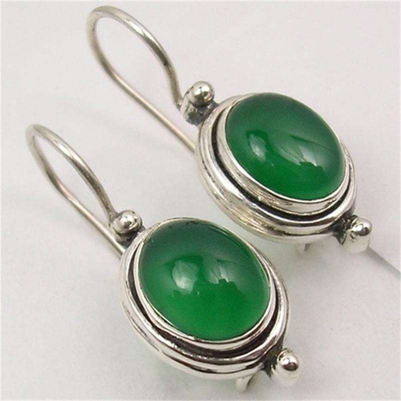Ethnic Silver Color Green Stone Dangle Earrings Woman Geometry Party Daily Wear