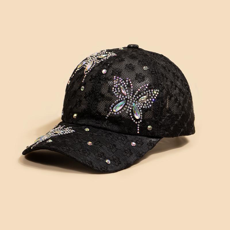 Casquettes de Baseball Fashion pour Femmes Printemps Été Respirantes Chapeaux Papillon Strassés Casquettes Dentelle Creuses noir