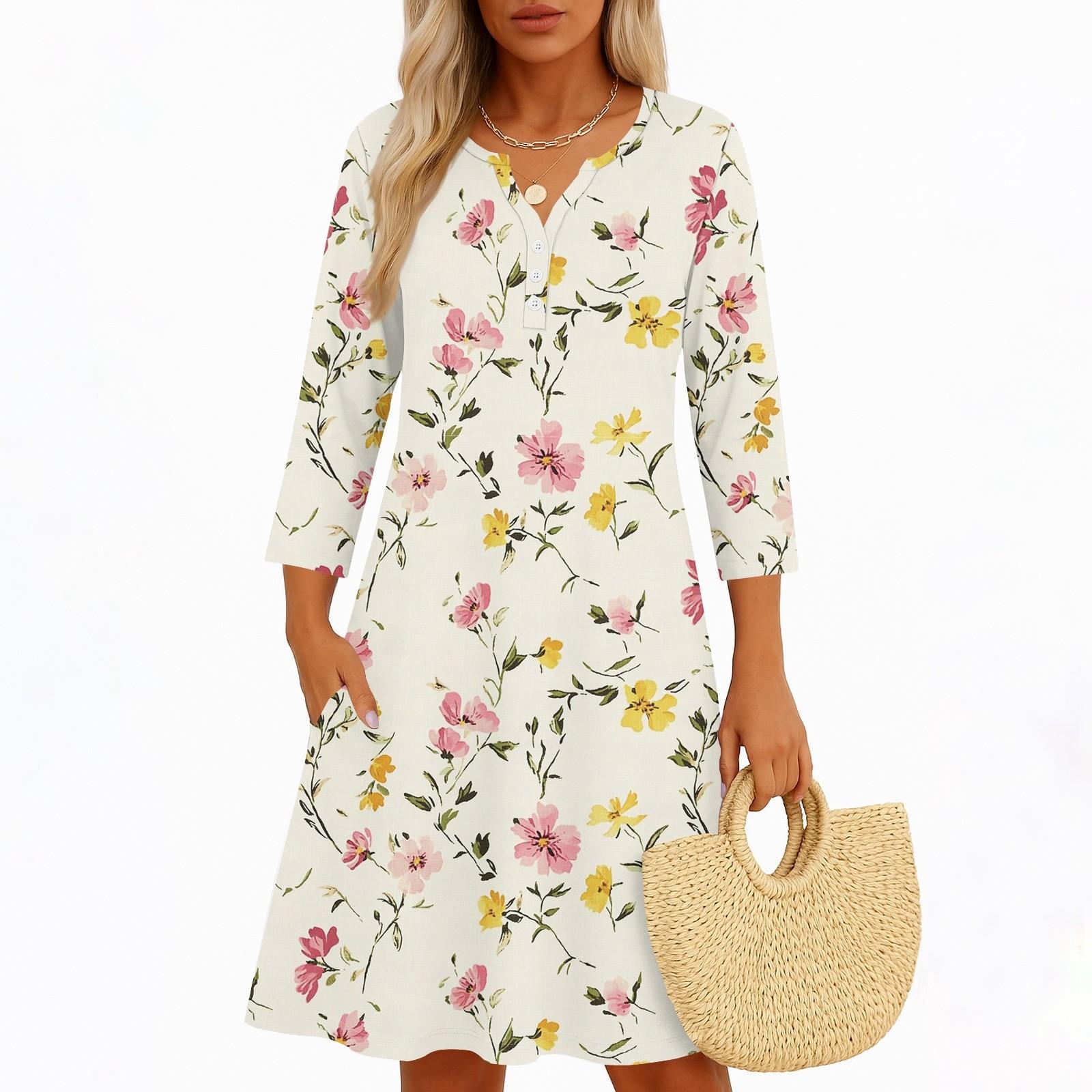 

Платья для женщин Весенние сарафаны Женское повседневное платье с рукавом 3/4 V-образный вырез Бохо Платье с цветочным принтом L бежевый