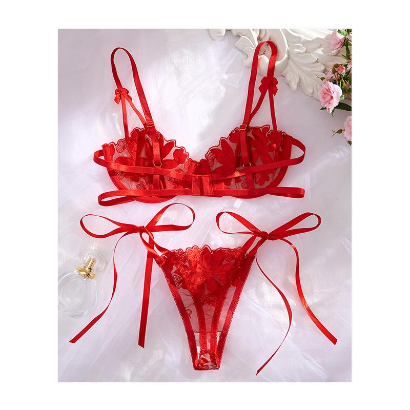 Big Red Ribbon Sexy Lingerie Ultra-thin Embroidered Bra Red Transparent Gathering Lace Underwear Set