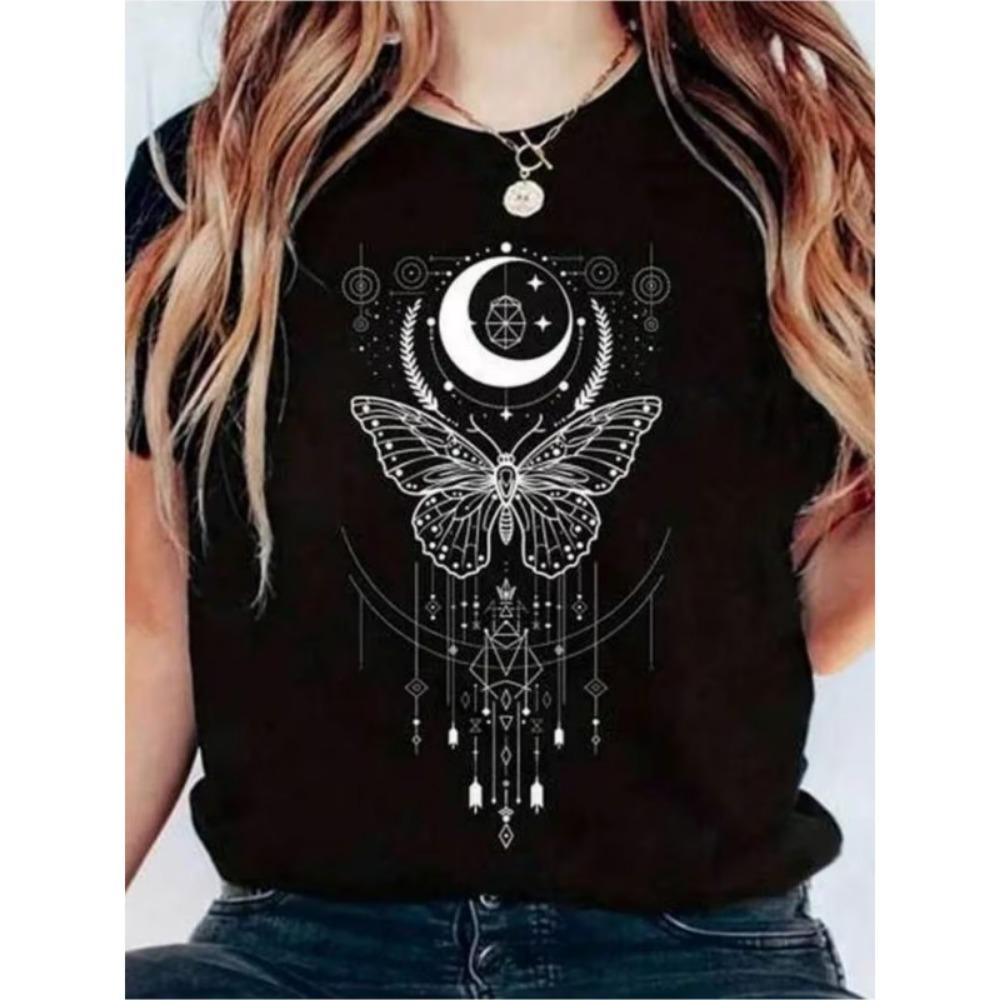 Celestial Moth Moon Geometric Graphic T-Shirt Women’s Crew Neck Short Sleeve Tee Witchy Mystical Print for Daily Wear