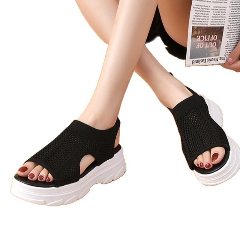 Women's Knitted Sport Sandals, Platform Peep-Toe Flats, Breathable Summer Shoes Wholesale for Women