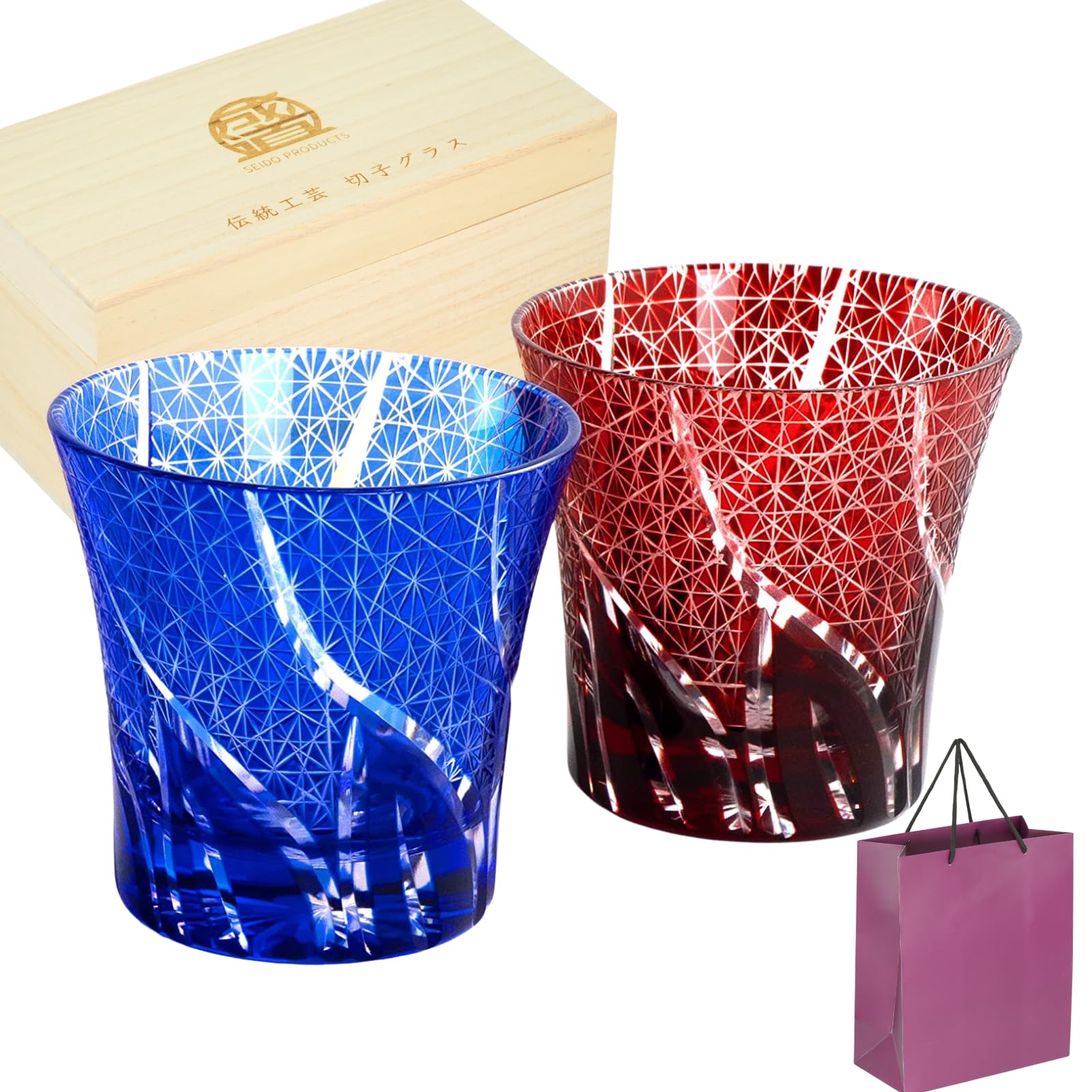 

SEIDO Kiriko Glass Pair Set, Rocks Glass, Old Glass, Shochu Glass, 240ml, Chrysanthemum Pattern, Made in Japan, Premium Paulownia Wood Box