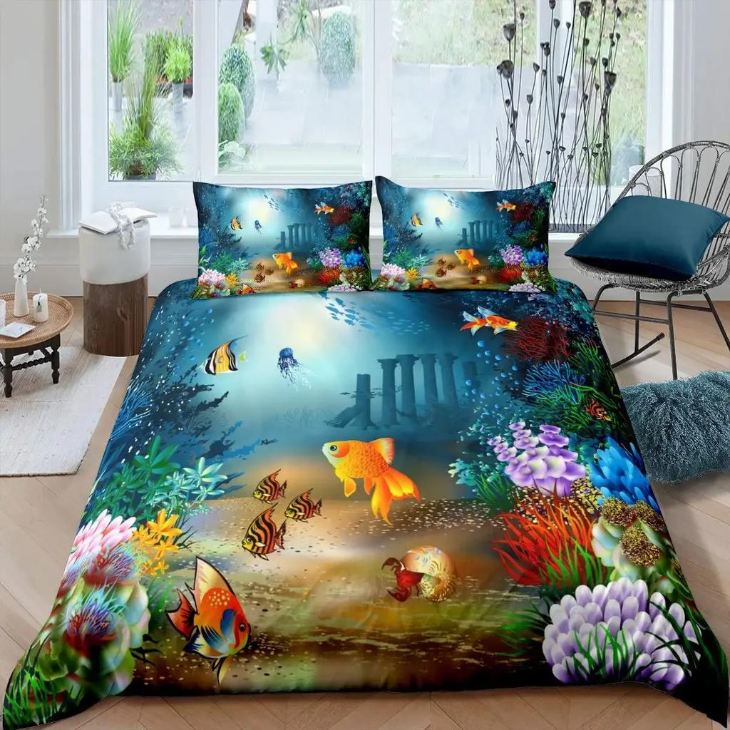 Cartoon Octopus Bedding Set King/Queen Size,Ocean Underwater World Duvet Cover Kids Sea Coral Fish 2/3pcs Polyester Quilt Cover