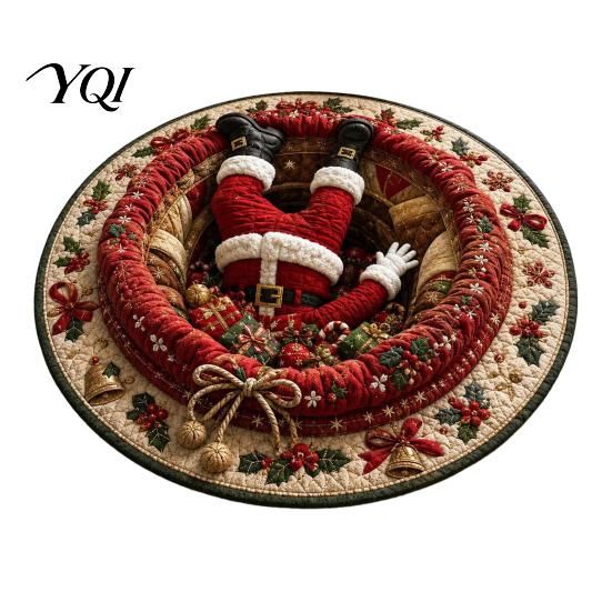 Holiday Party Home Decoration Round Christmas 3D Rug, Optical Illusion Area Santa Claus Gnome Quilted-Like Anti Slip Living Room Rug Anti-slip