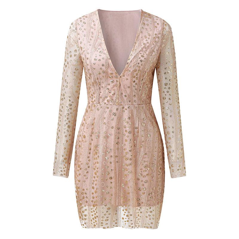 Women's Deep V-Neck Long Sleeve Sequin Dress - Elegant Sparkly Mini Cocktail Party Dress