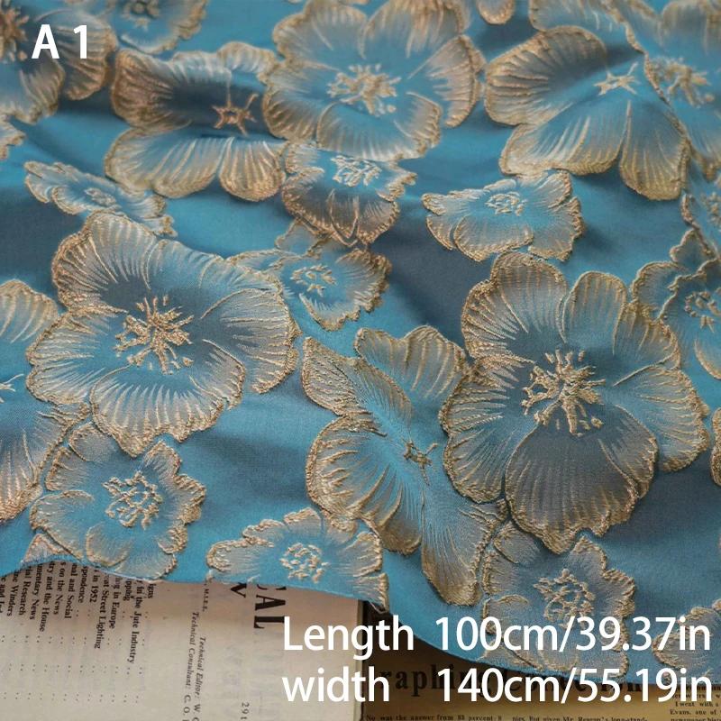 Elegant Bronsguldtråd Blommönster Jacquardtyg 3D Präglad Diy Sy Hanfu Cheongsam Klänning Väska Tyg Hemtextilier