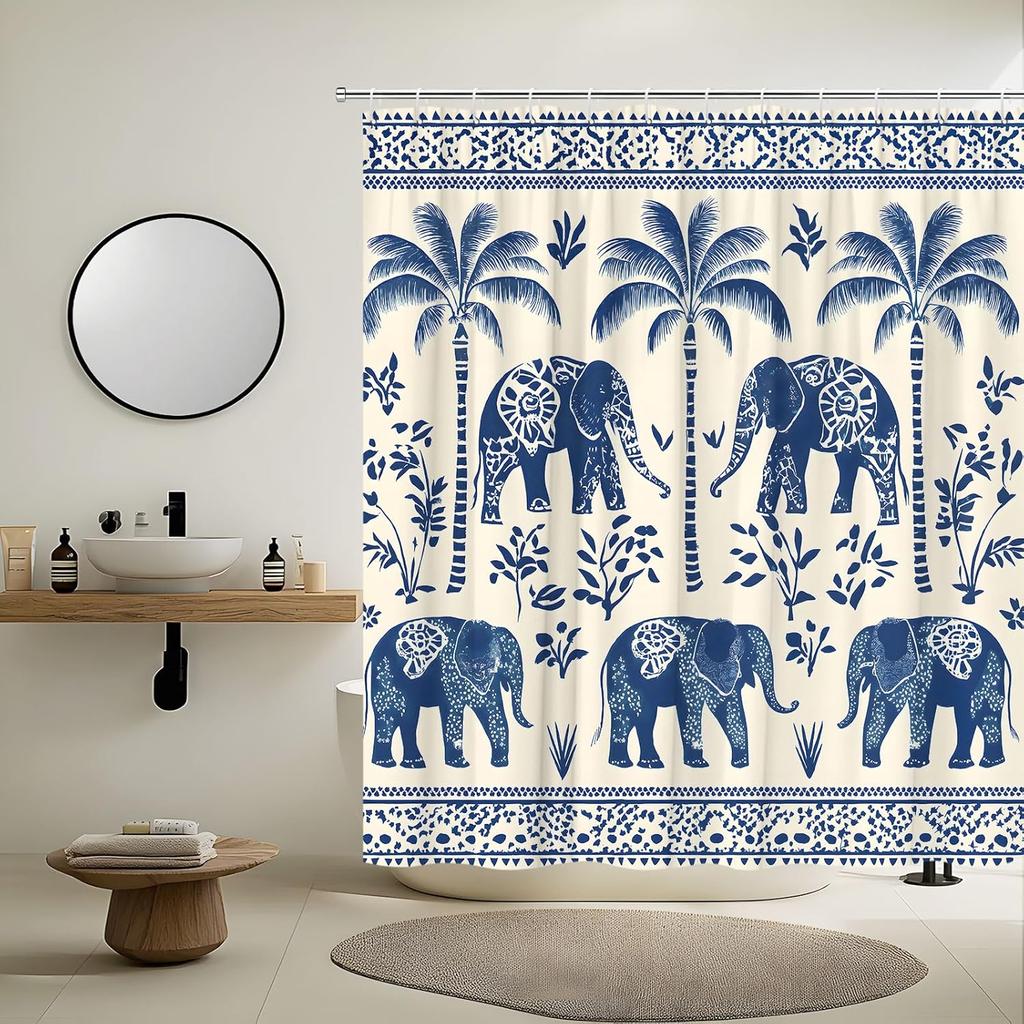 Boho Tropical Elephant Shower Curtain African Ethnic Indian Mandala Tribes Paisley Sacred Animal Unique Leaves Retro Aesthetic