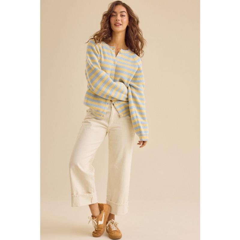Women S Striped Crew Neck Loose Long Sleeve Knit Cardigan