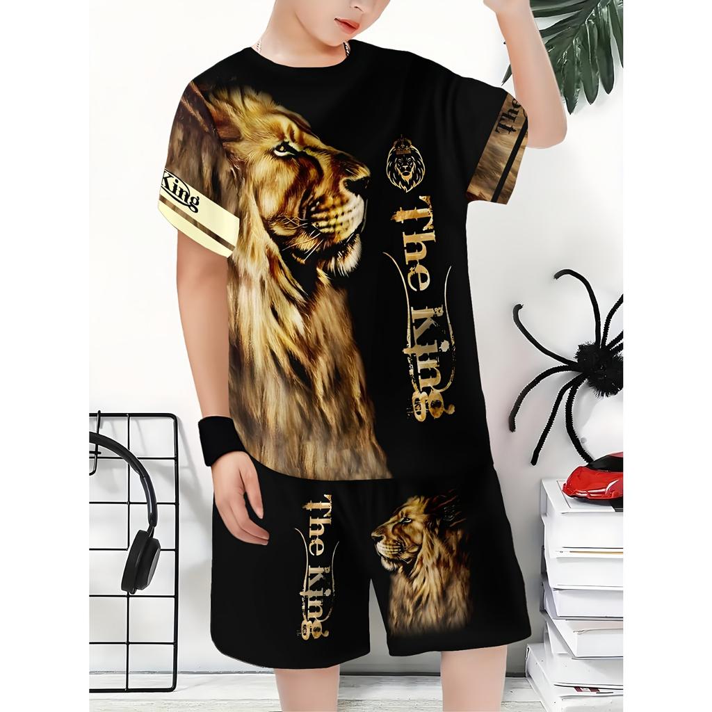 Fashionable 3D Printed Short Sleeve Shorts T-Shirt Set for Boys, Outdoor T-Shirt Shorts Set for Boys