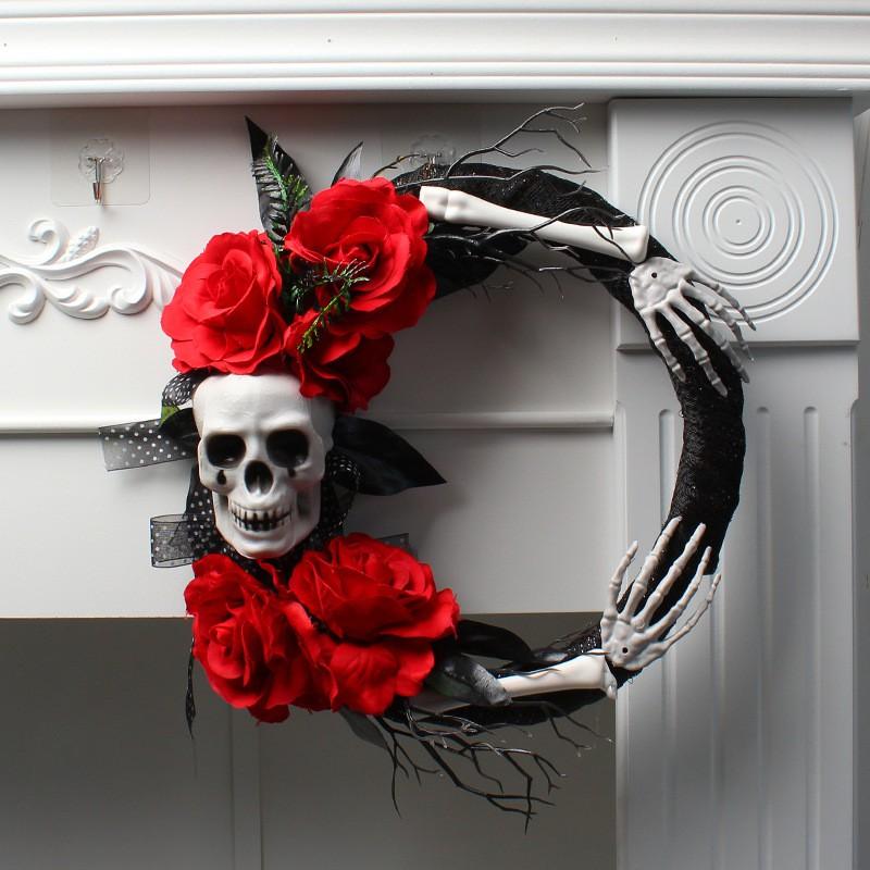 Halloween Skull Rose Wreath Spooky Party Door Hanger Horror Venue Decoration
