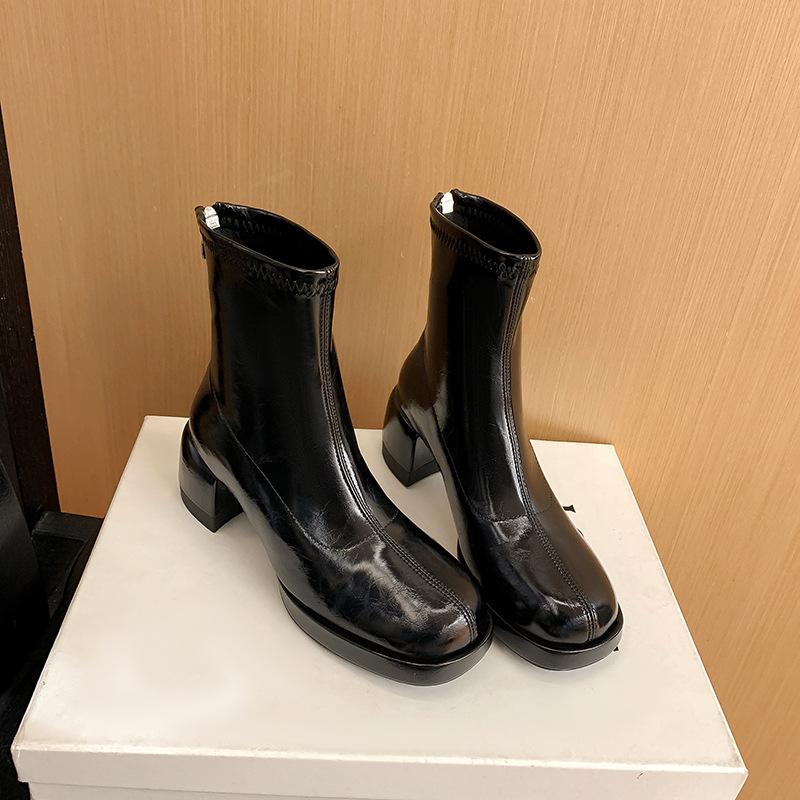 Waterproof Table High-heeled Short Boots Women's Autumn and Winter Thin Boots Thick Heel Zipper Elastic Beige Martin Boots