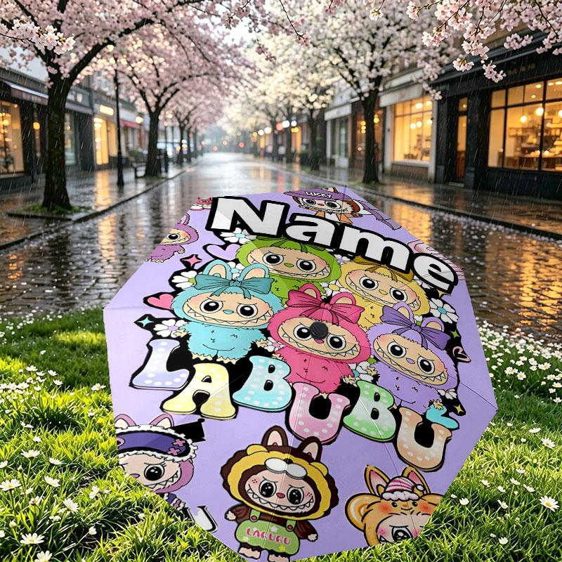 Custom Name Personalized Labubu Print Umbrella, Auto Open Close, 8‑Rib Sturdy Frame, Commute Camping Hiking Use, Birthday Gift