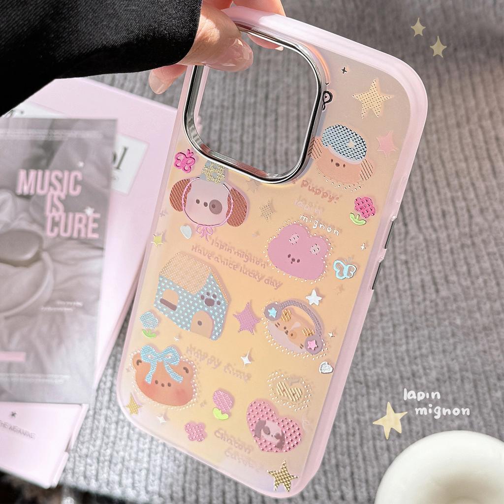 Vergoldete iPhone15 Handyhülle 16Promax Laser Pink Cartoon 16 Sturzsicher