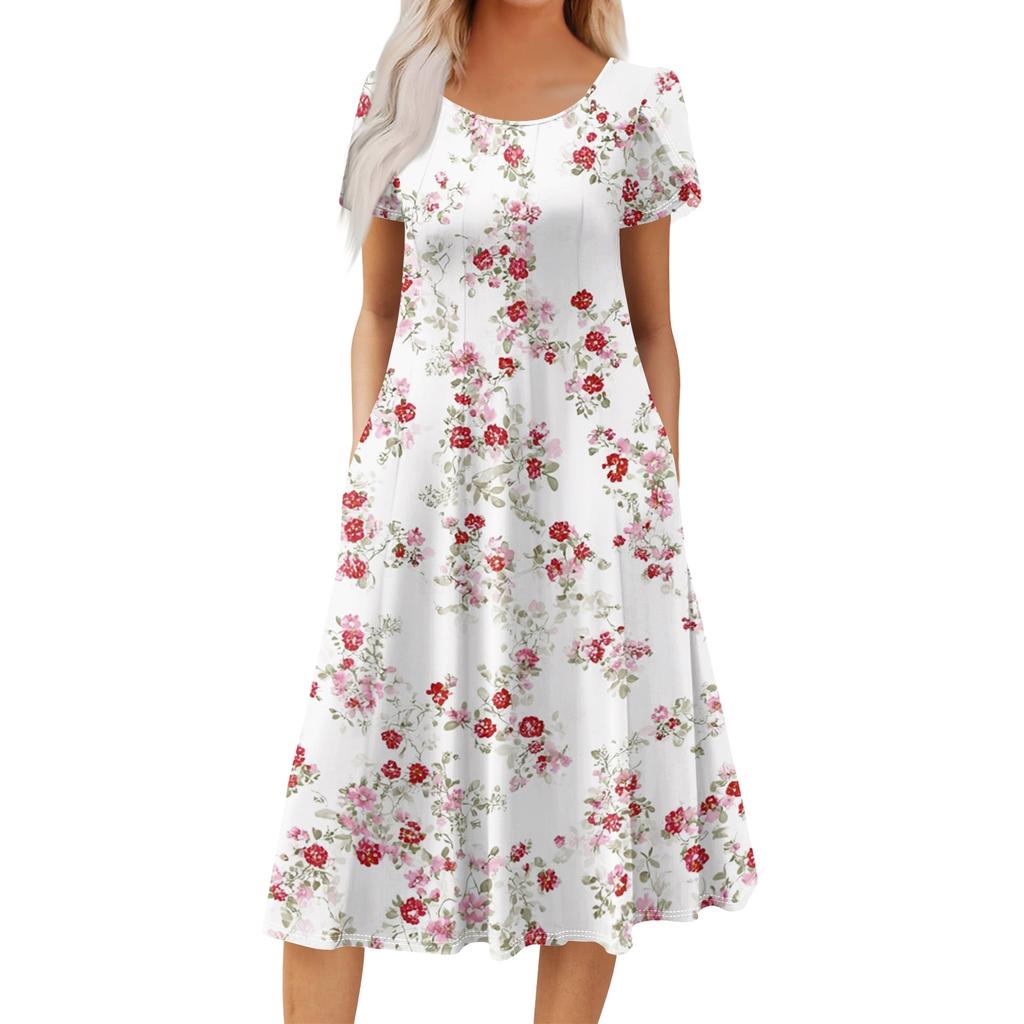 Women's Casual Fashion Round Neck Printed Short Sleeve Pocket Dress