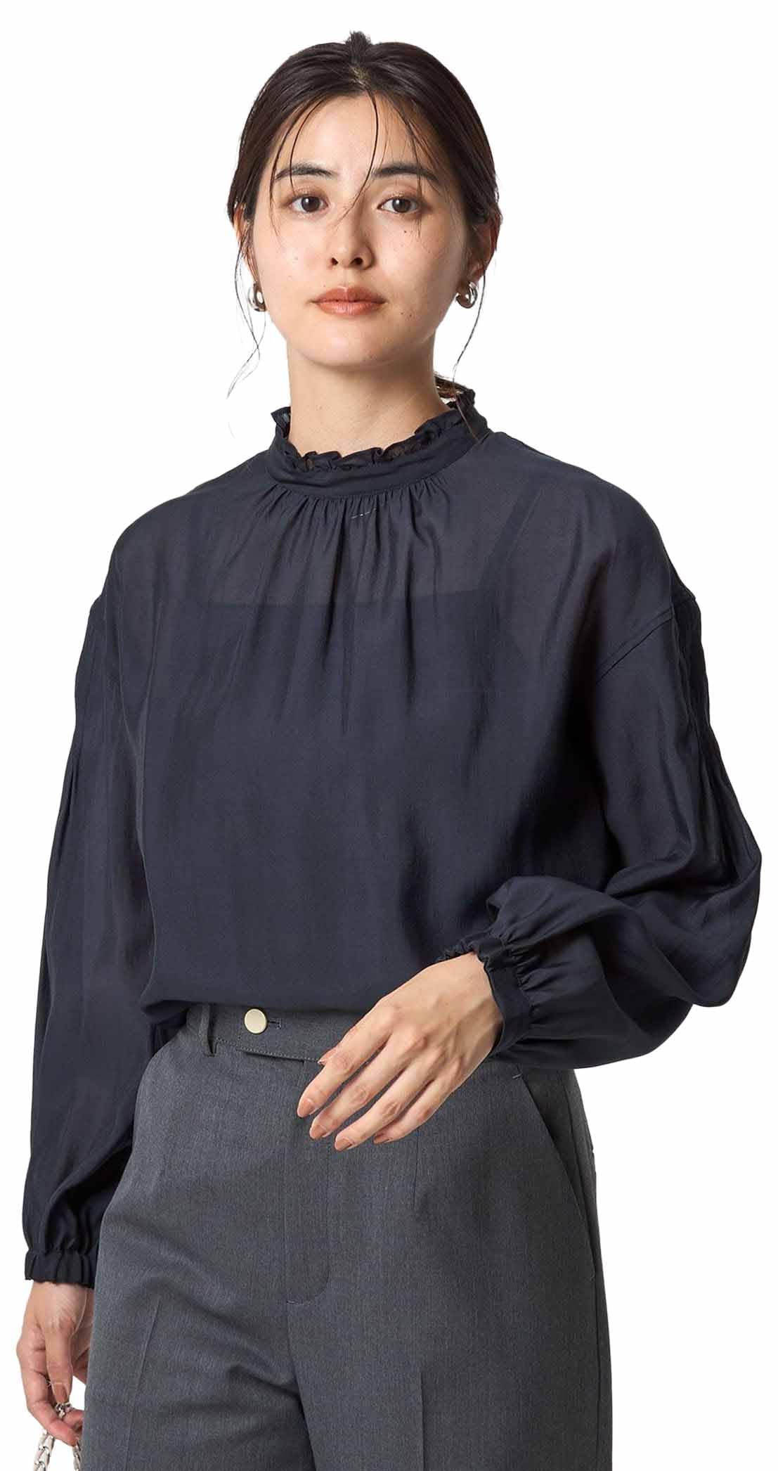 

United Arrows Green Label Relaxing Sheer Ruffled Collar Blouse, 35116761571, 7900 Navy (79), Free Size