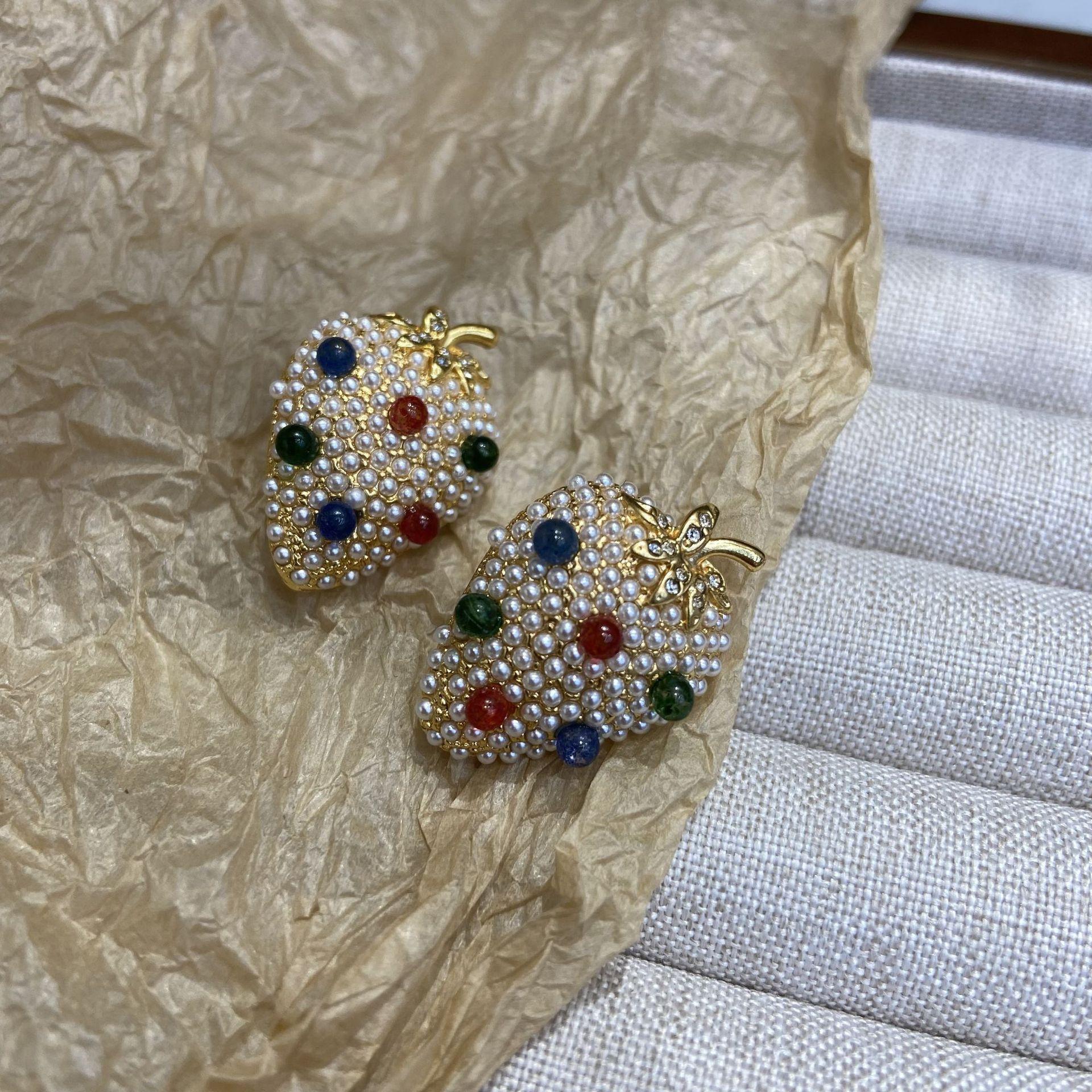 

Fruit Strawberry Glazed Gemstone Inlaid Retro Earrings Silver Stud Earrings Women S Simple Medieval Jewelry