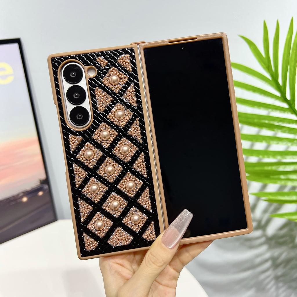 Shockproof Glitter Case For Samsung Galaxy Z Fold3 Fold4 Fold5 Fold6 Pearl Droplets & Diamond Grid & Military-Grade Drop Protection