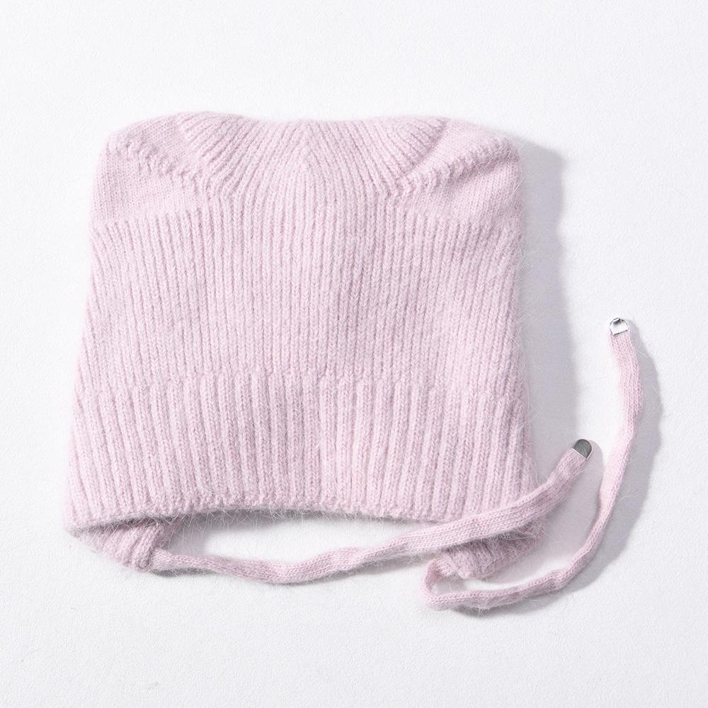 Solid color Angora long rabbit hair lace-up cat ear hat warm wool hat knitted hat windproof ear protection