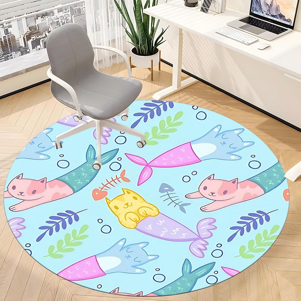 1pc Mermaid Cats Office Round Rug, Non-slip, Soft and Durable Office Rug for Interior Decoration, Perfect for Office, Beautiful Decoration yy260324009