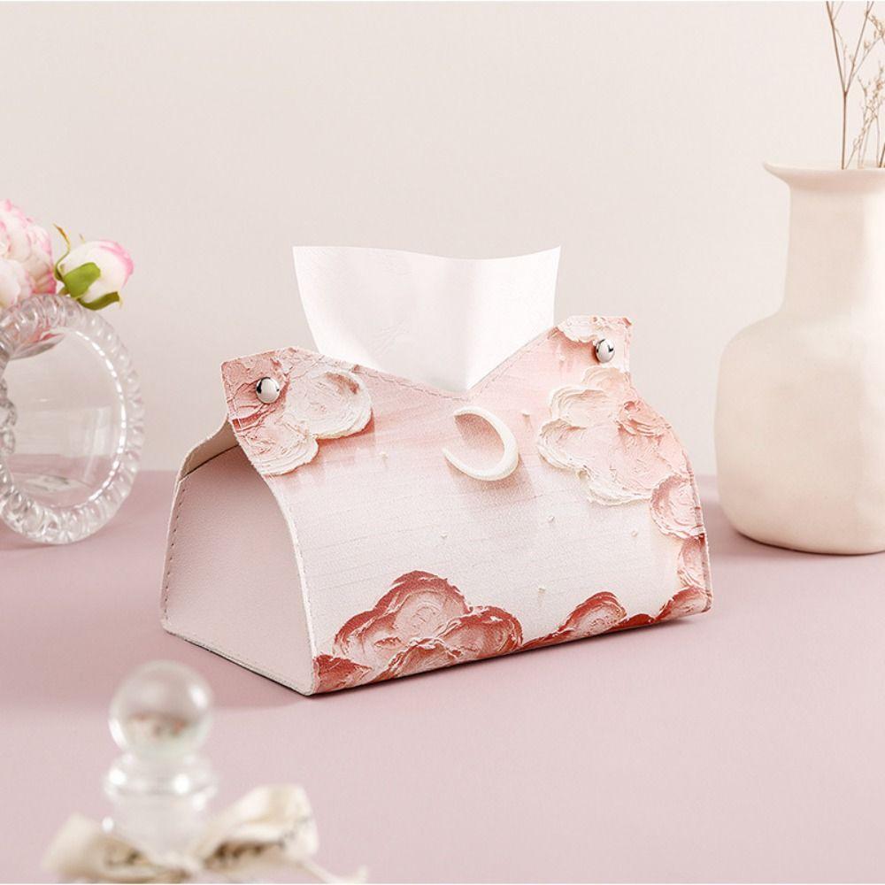 High Quality Oil Painting Tissue Case with Buttons Smooth Napkin Holder Leather Printing Paper Towel Box Home
