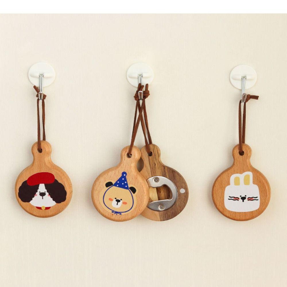 Cartoon Solid Wood Bottle Openers Magnetic with Round Handle Beer Cap Catche Refrigerator Sticker Bar