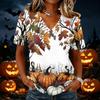 Women's Casual Short Sleeve Halloween Print V Neck Pullover Top Comfortable Lightweight Fabric Relaxed Fit