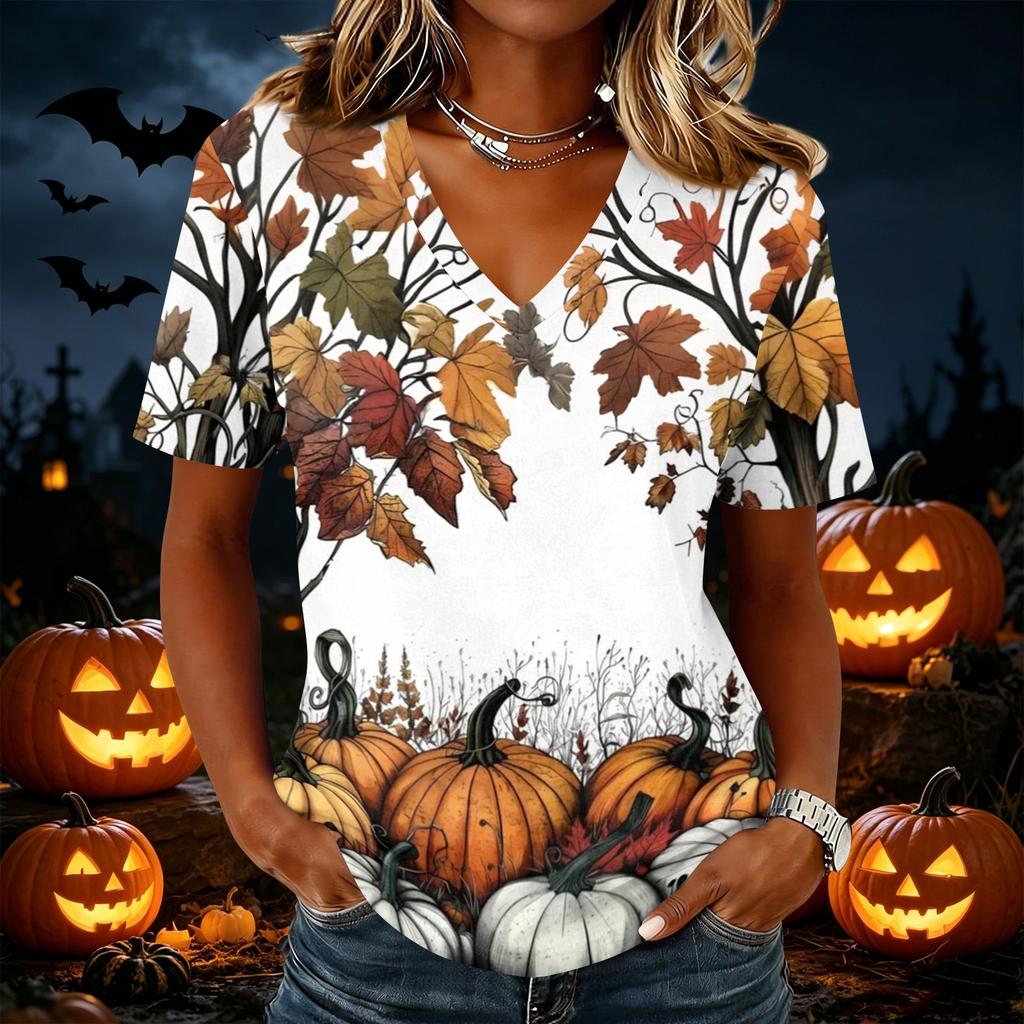 Women's Casual Short Sleeve Halloween Print V Neck Pullover Top Comfortable Lightweight Fabric Relaxed Fit