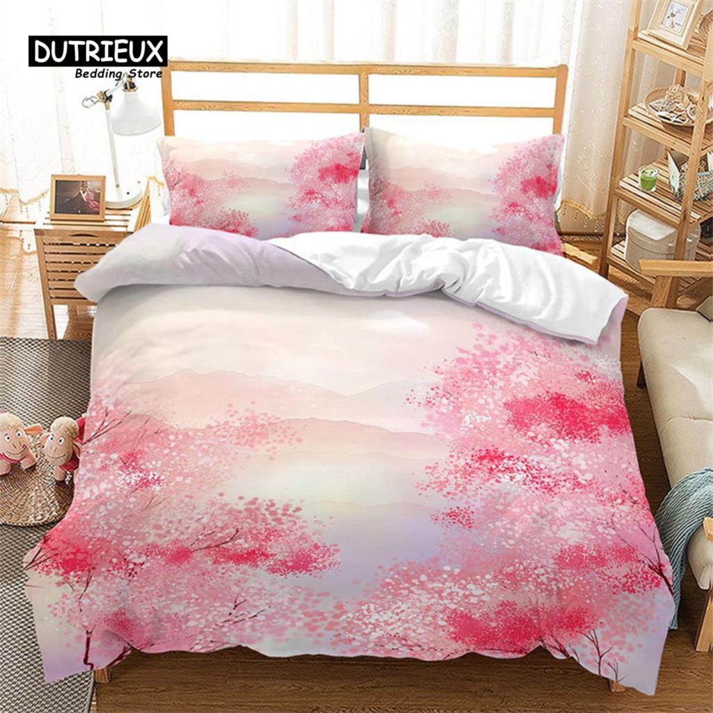 Cherry Blossoms Duvet Cover Japanese Style Petal Floral Bedding Set Pink Flower Comforter Cover 3pcs For Adults Teen Girls Decor