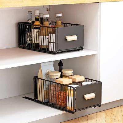 Kitchen Telescopic Out Storage Rack Foldable Cabinet Condimenters Storage Baskets Drawer Slide Out Organizer Shelf Box Tools