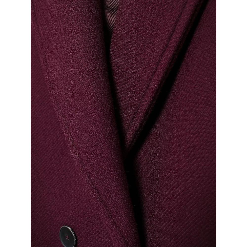 Women Fashion Burgundy Woolen Coat Double Breasted Long Sleeve Lapel Blends Jacket Autumn Winter High Street Outerwear