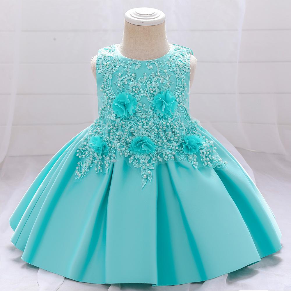 Girls Jacquard Beaded Dress Birthday & Children's Day Party Layered Mesh Tutu Princess Gown Blush Pink & Blue Knee-Length Sleeveless