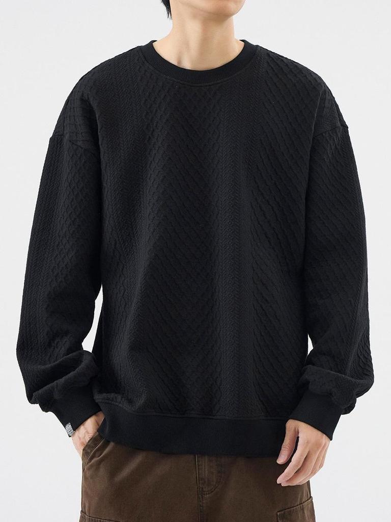Trendy Men's Heavyweight Jacquard Round Neck Hoodie - Autumn/Winter Plus Velvet Long Sleeve Casual Top