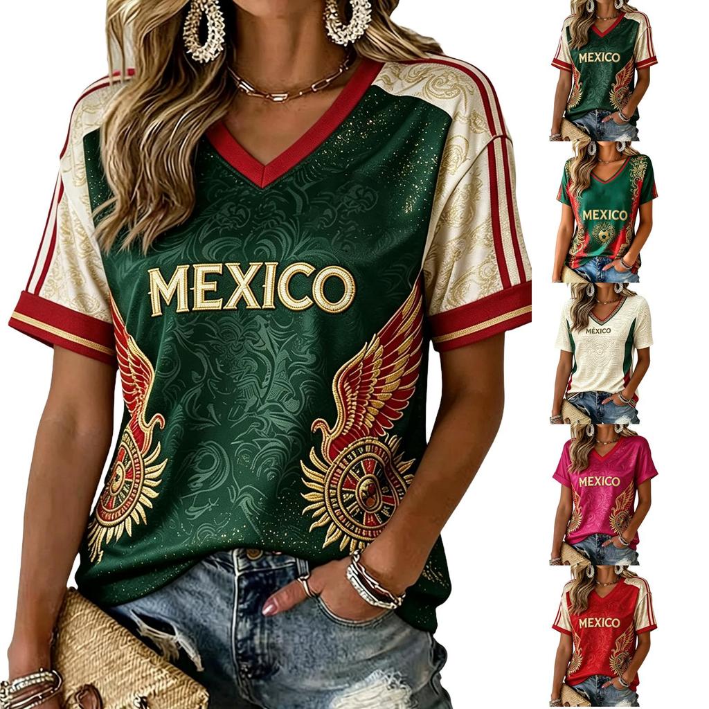 Women's V-Neck Lightweight T-Shirt with Soccer Print for Spring and Summer