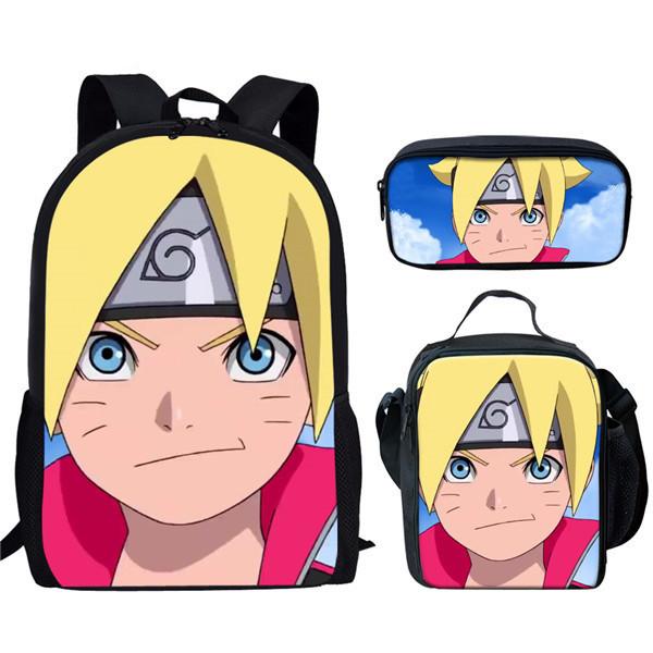 Naruto Printed Kids School Backpack Lunch Bag Pencil Case Set With Nylon Material For Children