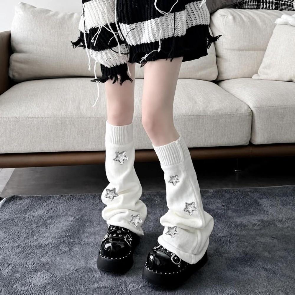 Star Decoration Knit Long Socks Striped Leg Warmers Vintage Boot Cuffs For Women