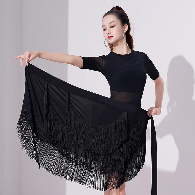 Women Latin Dance Dress Training Suit Short Skirt Sexy Tassel Three-Layer Fringe Dance Costume Training Suit Short Skirt Black