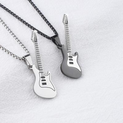 Herren & Damen Edelstahl Gitarren Anhänger Halskette, Einfaches Mode Design, Nicht Verblassend.