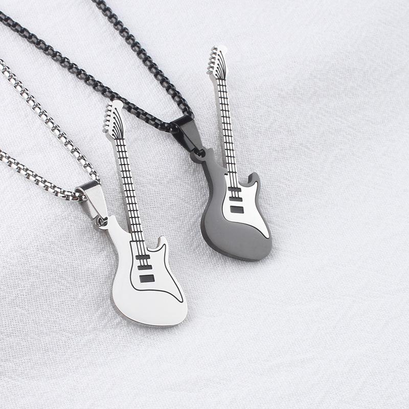 Herren & Damen Edelstahl Gitarren Anhänger Halskette, Einfaches Mode Design, Nicht Verblassend.