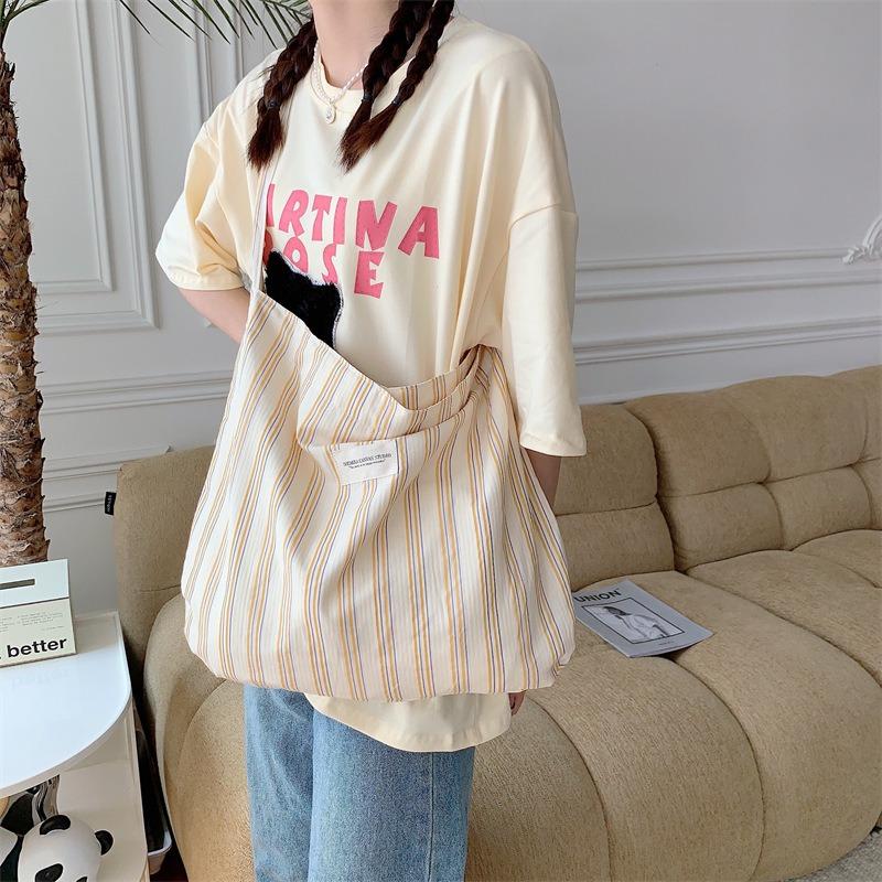 1 striped shoulder bag large capacity underarm bag canvas bag women's work cloth bag student crossbody schoolbag