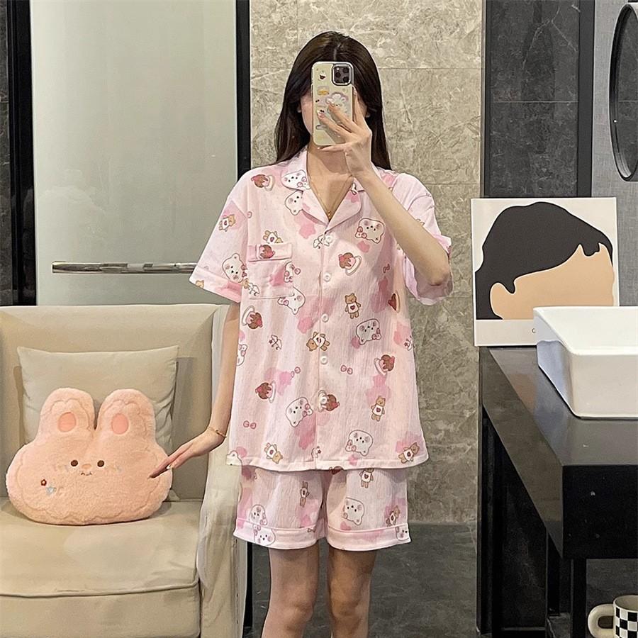 Internet Celebrity New Sweet Pink Love Bear Pajamas Women's Summer Short-sleeved Shorts Set Student Dormitory Casual Home