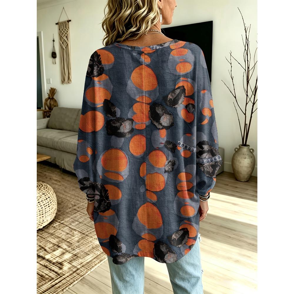 Women'S Clothing, Creative Pattern Print V-Neck Long Sleeve Pullover, Loose Body-Covering Top, No Additions