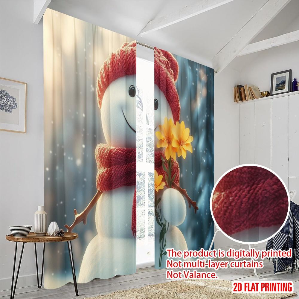 2pcs,2D Plane Printing Popular Curtains Cute Snowman Winter Flowers (2) Durable 100% Polyester Fabric (without Rod) Decorations