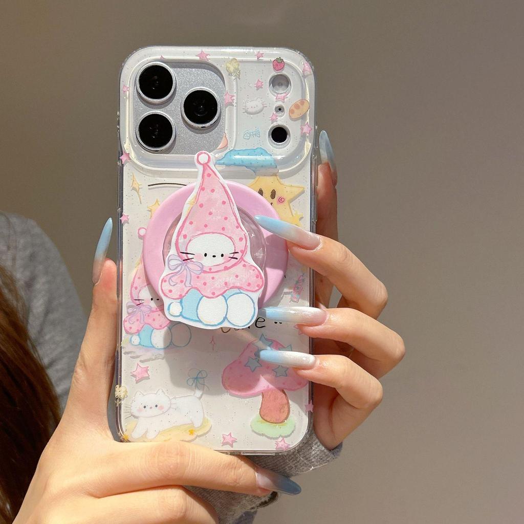 Sweet Mushroom Cat Oil Painting Magnetic iPhone Case for 14/15/16/17 Pro Max