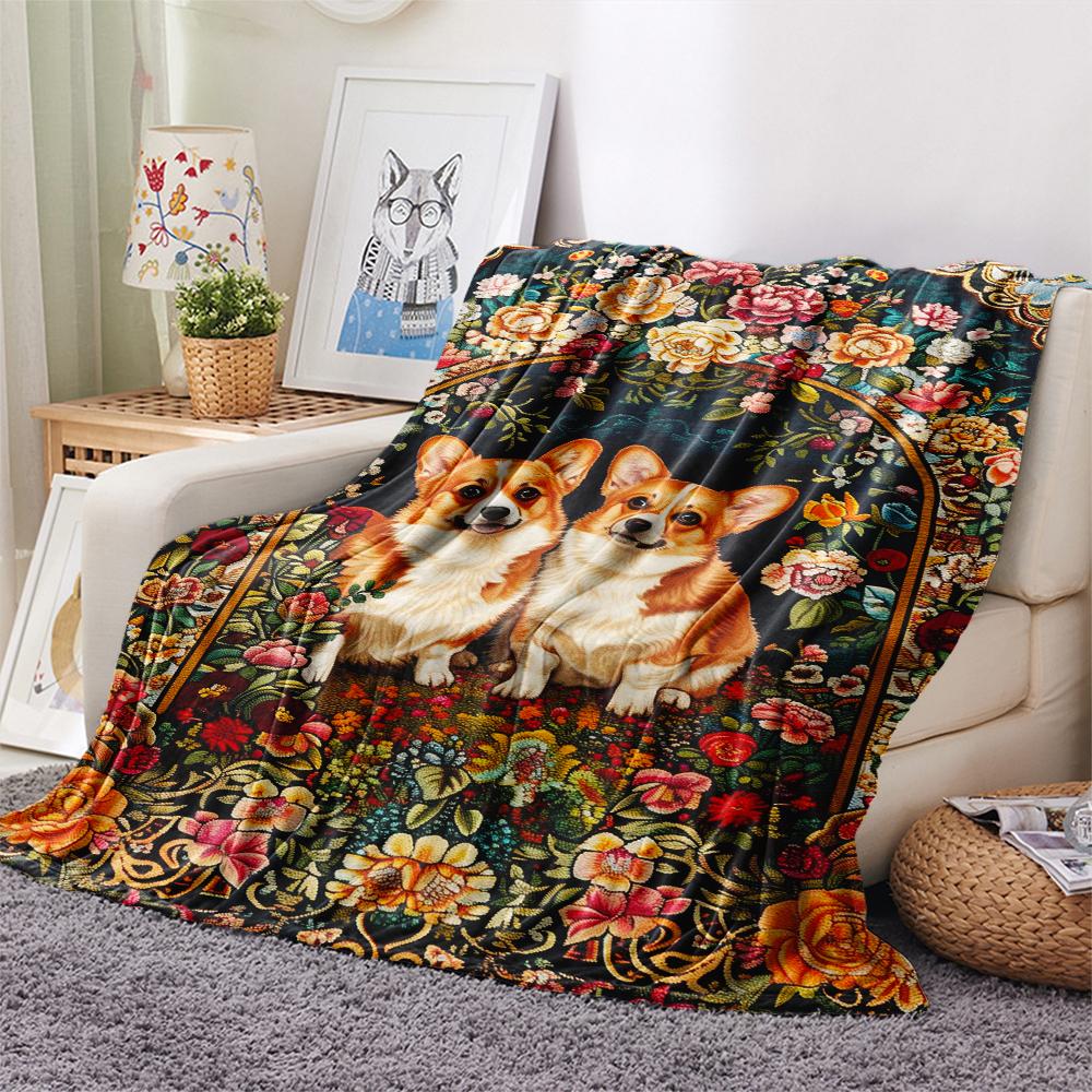1Pc Floral Dog Print Flannel Blanket, High quality Comfortable for All Seasons, Home Decor, Warmth and Comfort, Perfect for Christmas Gifts