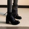 Women's Western Block Heel Leather Shoes Fall New Round Toe Lace-Up Rear Zip Anti-Slip Booties