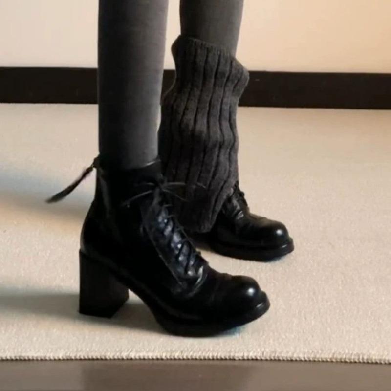 Women's Western Block Heel Leather Shoes Fall New Round Toe Lace-Up Rear Zip Anti-Slip Booties