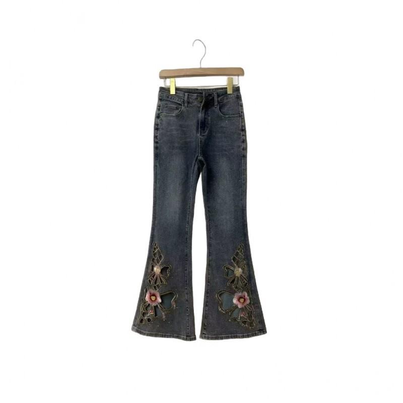 Womens High-Waisted Embroidered Butterfly Rhinestone Denim Pants Vintage Slim Fit Flared Jeans