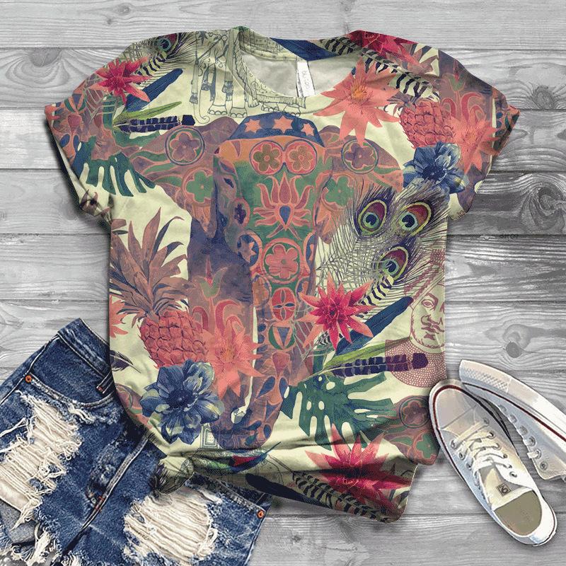 Letní Nové Pánské a Dámské Slon 3D Digitálně Potištěné Kulatý Výstřih Volné Tričko s Krátkým Rukávem Pár Tričko