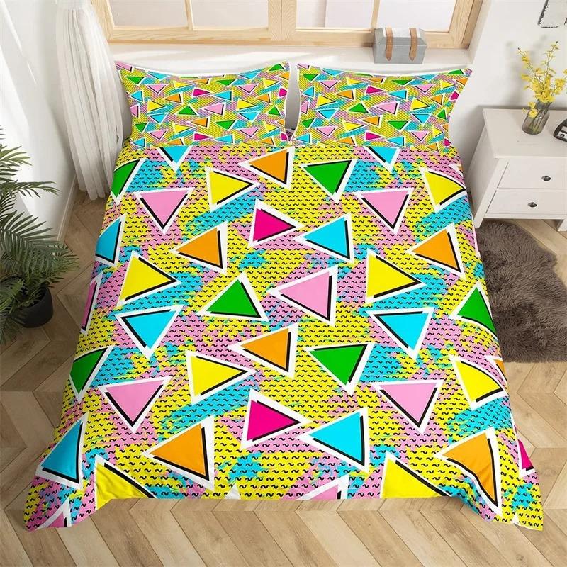 Psychedelische 3D Geometrische Bettbezug Mikrofaser Bunt Pop Art Queen Size Retro 80er Jahre Bettwäsche Set